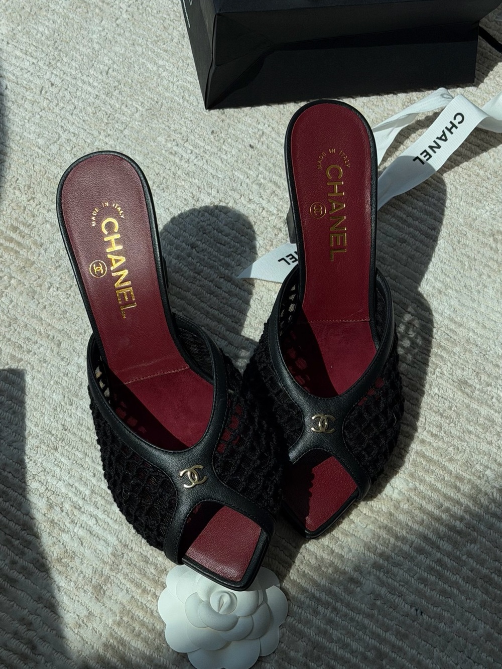 Chanel Black Open-Toe Slide Sandals with Burgundy Insole